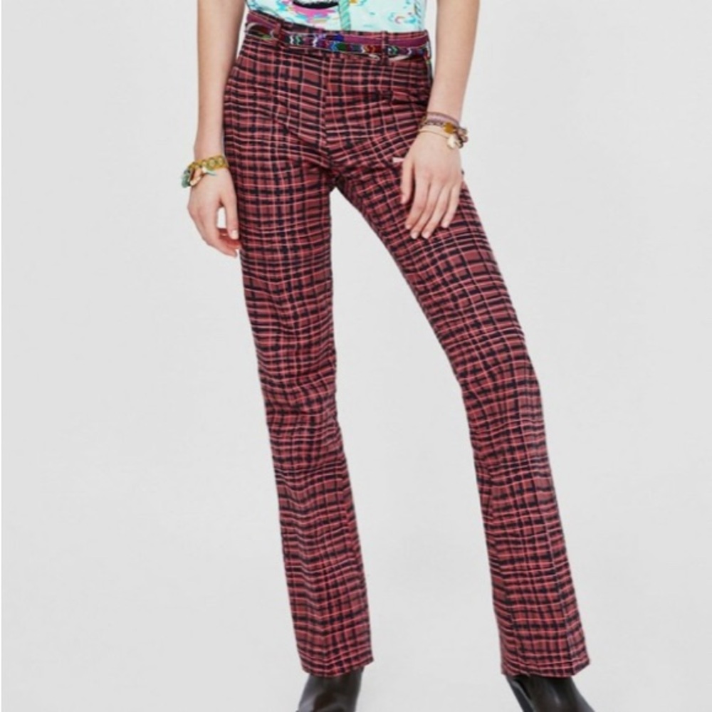 Zara Studio Red and Black Checkered Flare Pants